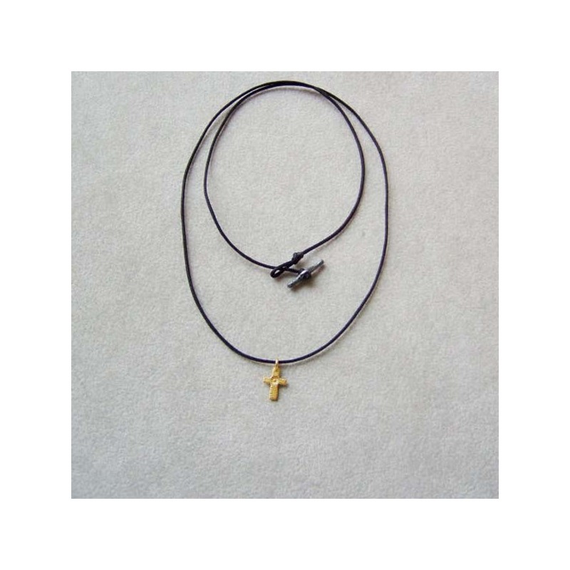 Gold cross necklace, tiny solid 18K gold cross with textured surface on a black cord
