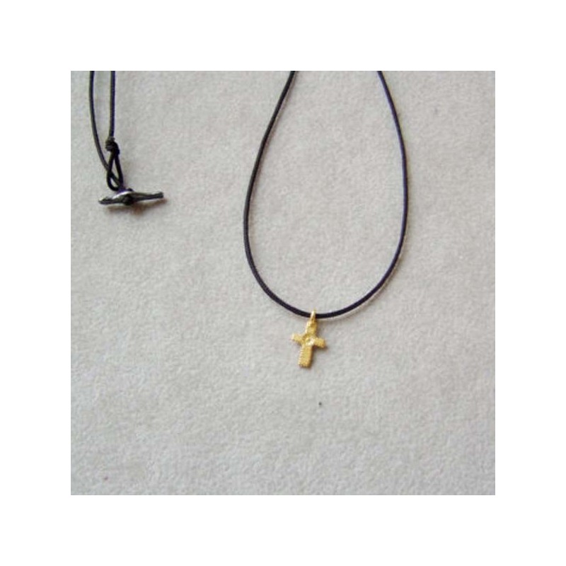 Gold cross necklace, tiny solid 18K gold cross with textured surface on a black cord