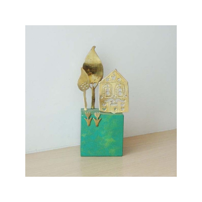 Cottage and trees sculpture, brass sculpture set of house and trees on green wooden cube