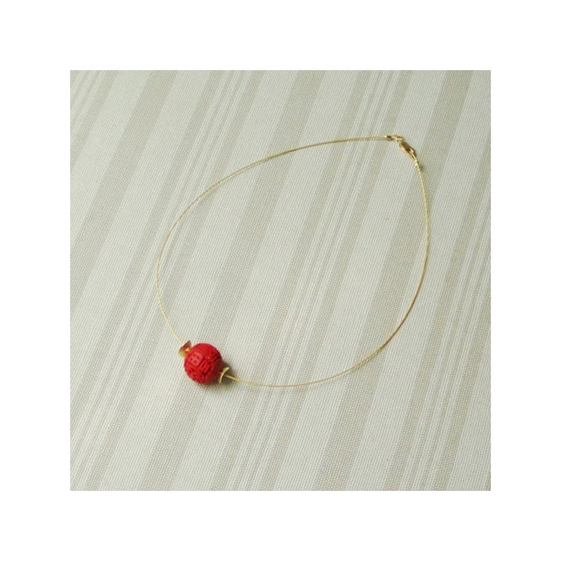 Red cinnabar necklace, minimalist choker necklace with gold plated steel wire and gold plated sterling components