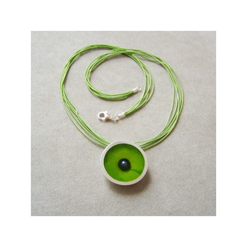 Green silver and resin necklace, round resin and silver pendant with blue pearl and green background