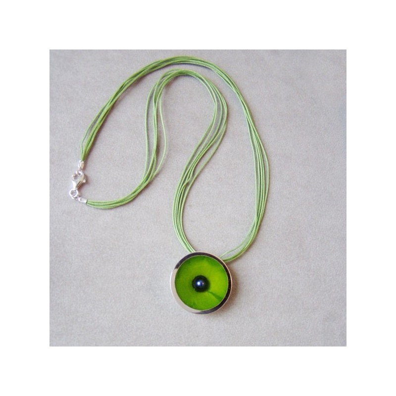 Green silver and resin necklace, round resin and silver pendant with blue pearl and green background