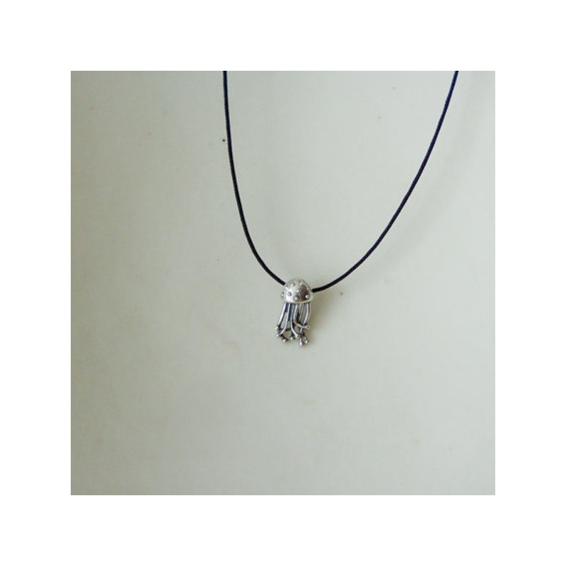 Jellyfish silver pendant, tiny jellyfish pendant on a black cord, slightly oxidised jellyfish neklace