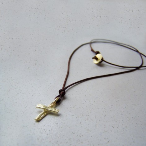Modern gold cross necklace, gold plated sterling cross on a brown cord 2
