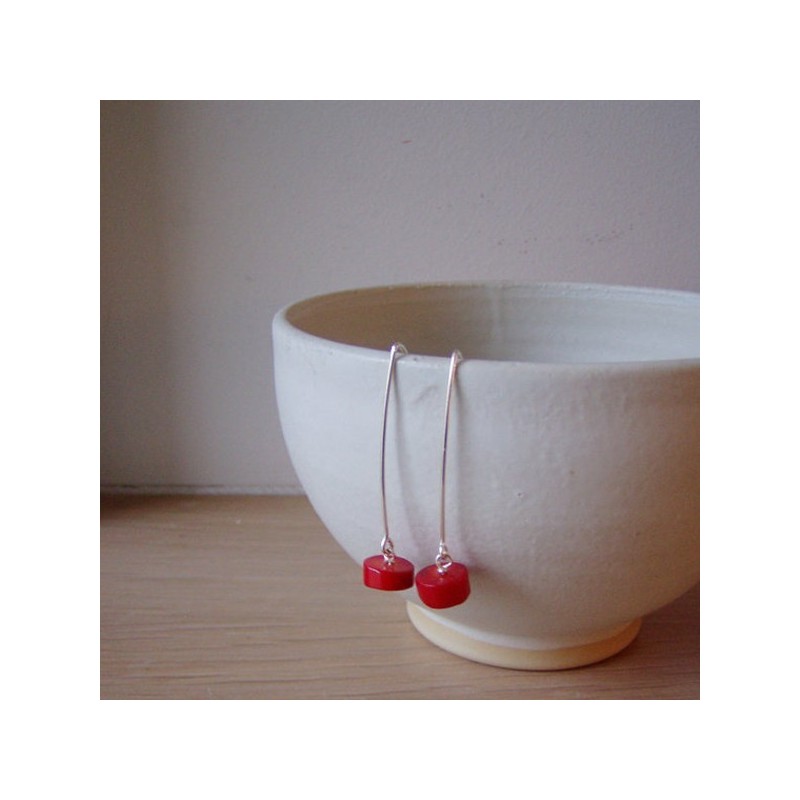 Red coral dangle earrings, solid sterling silver, long, dangle earrings