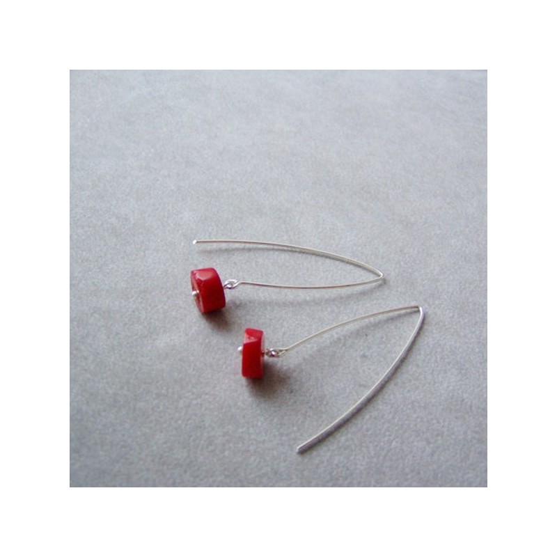 Red coral dangle earrings, solid sterling silver, long, dangle earrings