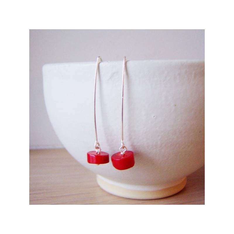 Red coral dangle earrings, solid sterling silver, long, dangle earrings