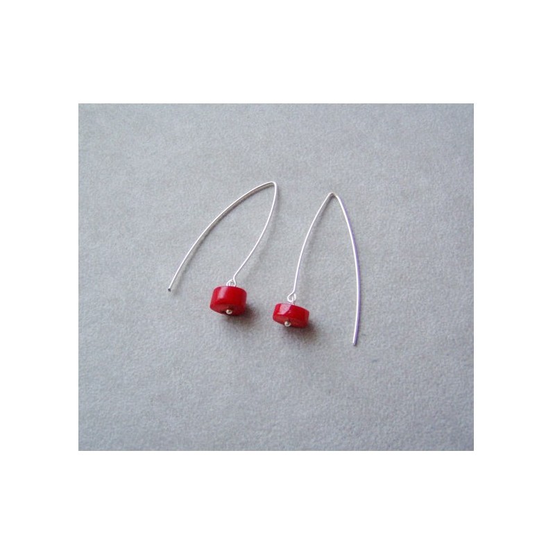 Red coral dangle earrings, solid sterling silver, long, dangle earrings