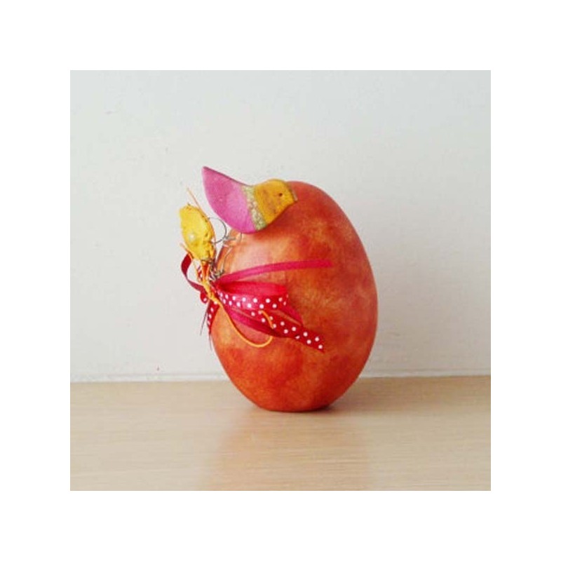Orange Easter egg sculpture, ceramic Easter egg, red egg decorated with birdies and ribbons, Greek decorative pottery
