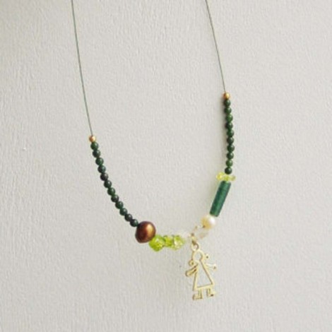 Gold girl necklace, green stones with gold plated girl outline necklace 2