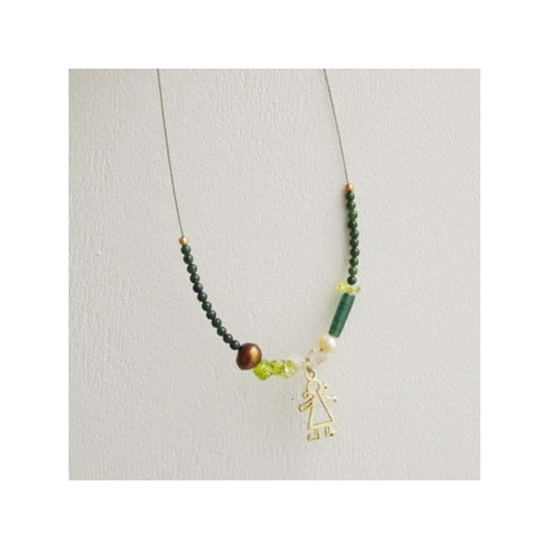Gold girl necklace, green stones with gold plated girl outline necklace