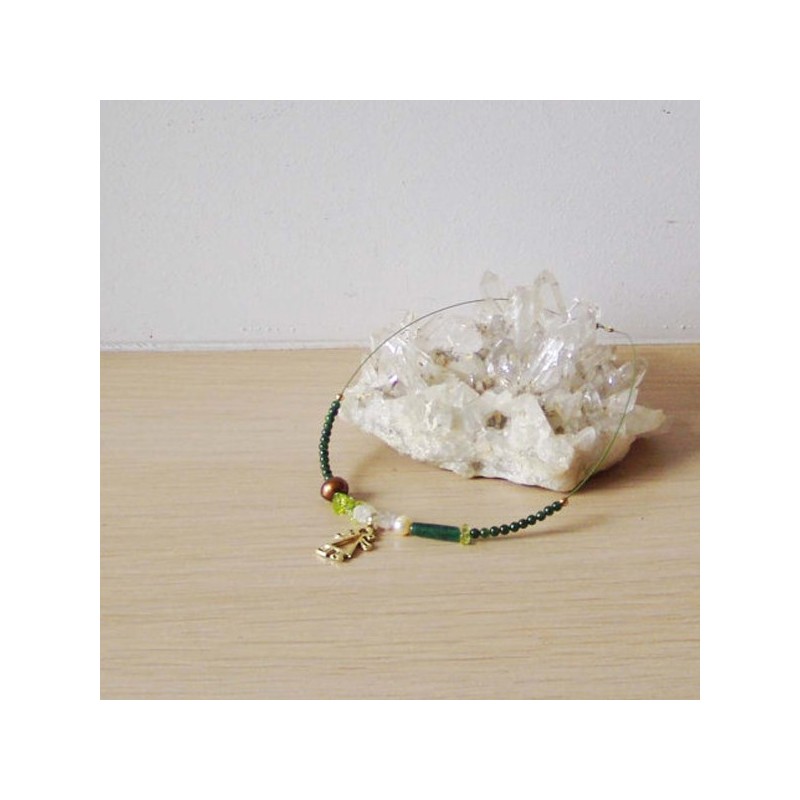 Gold girl necklace, green stones with gold plated girl outline necklace