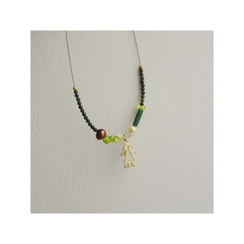 Gold girl necklace, green stones with gold plated girl outline necklace