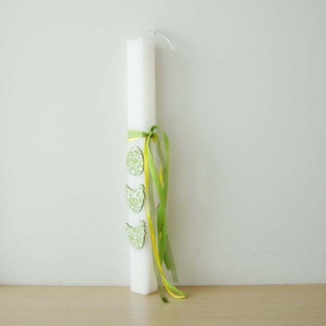 Greek Easter candle with chicken and egg decor, white, green and yellow, kids', Greek Easter candle. 2