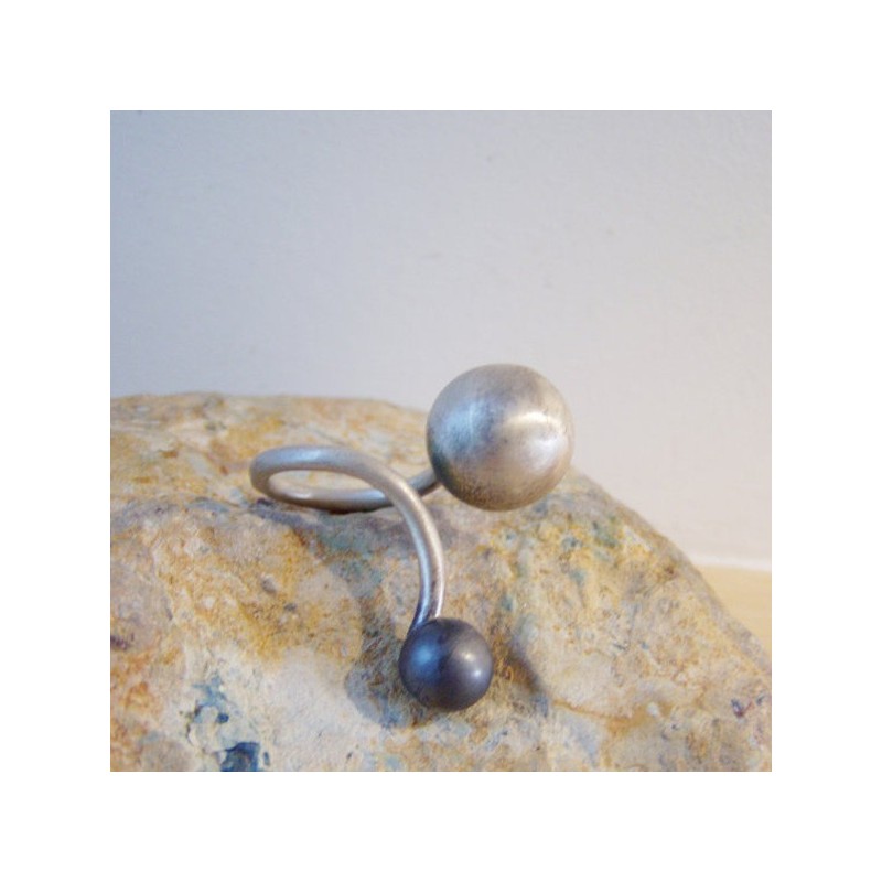 Open ring with two balls, oxidised sterling minimal.