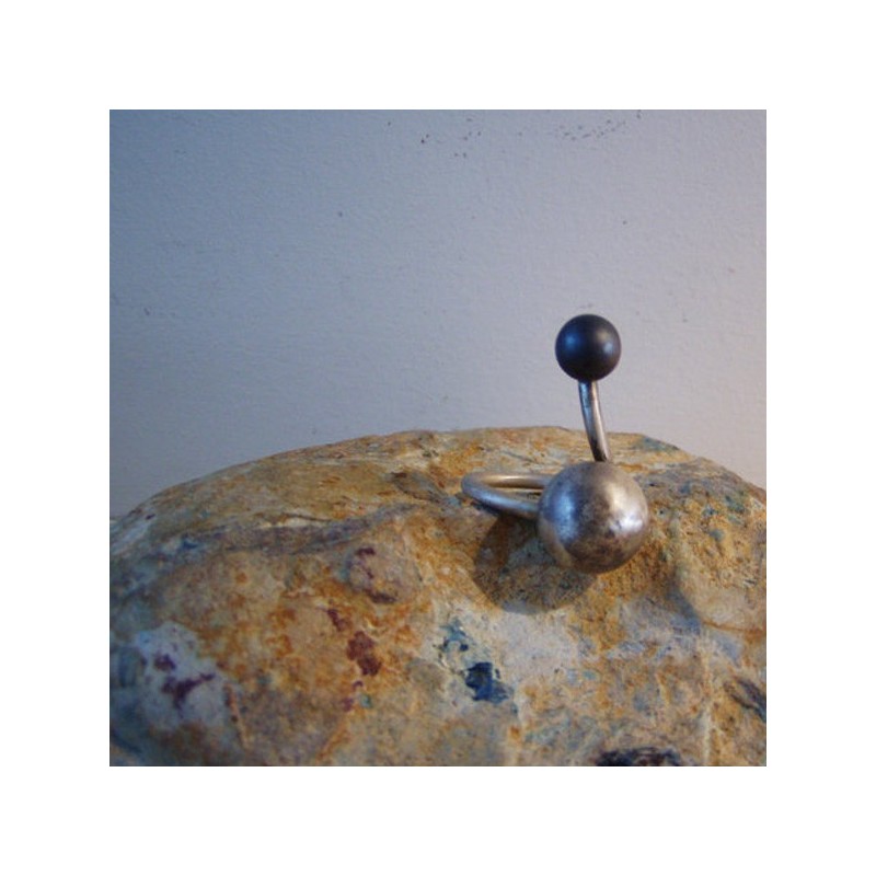 Open ring with two balls, oxidised sterling minimal.