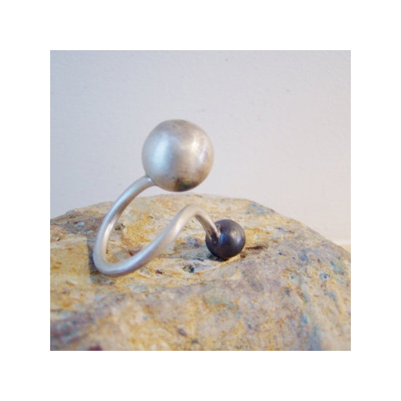 Open ring with two balls, oxidised sterling minimal.