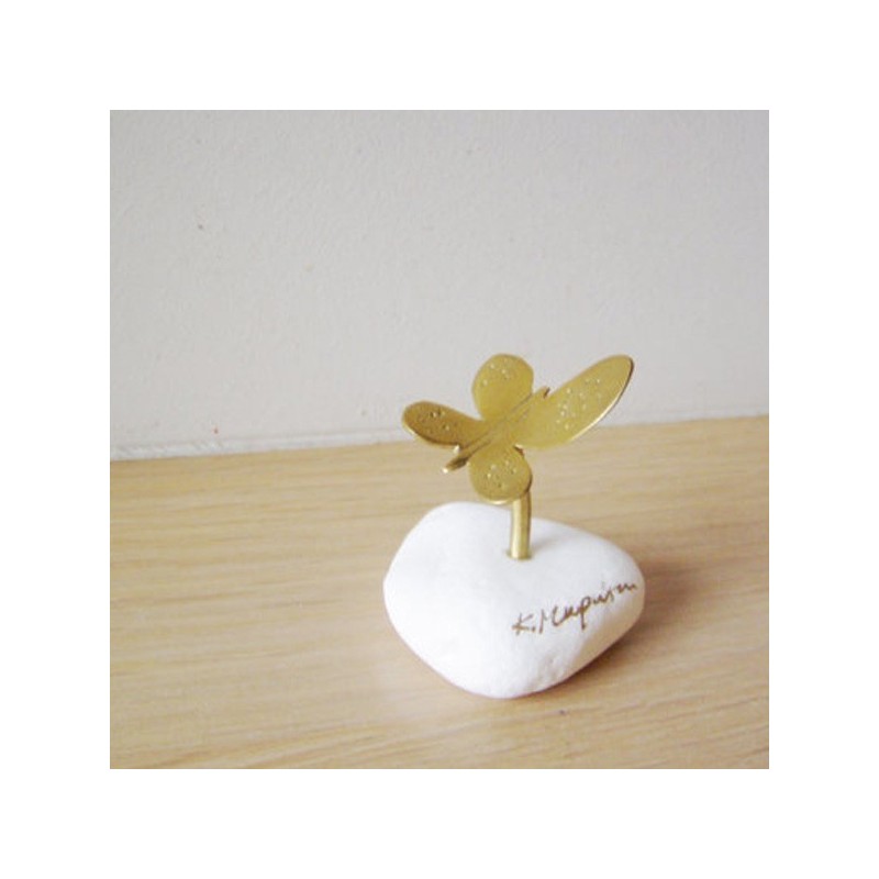 Brass butterfly sculpture, small butterfly, golden sculpture on white stone, butterfly art object, artful butterfly gift