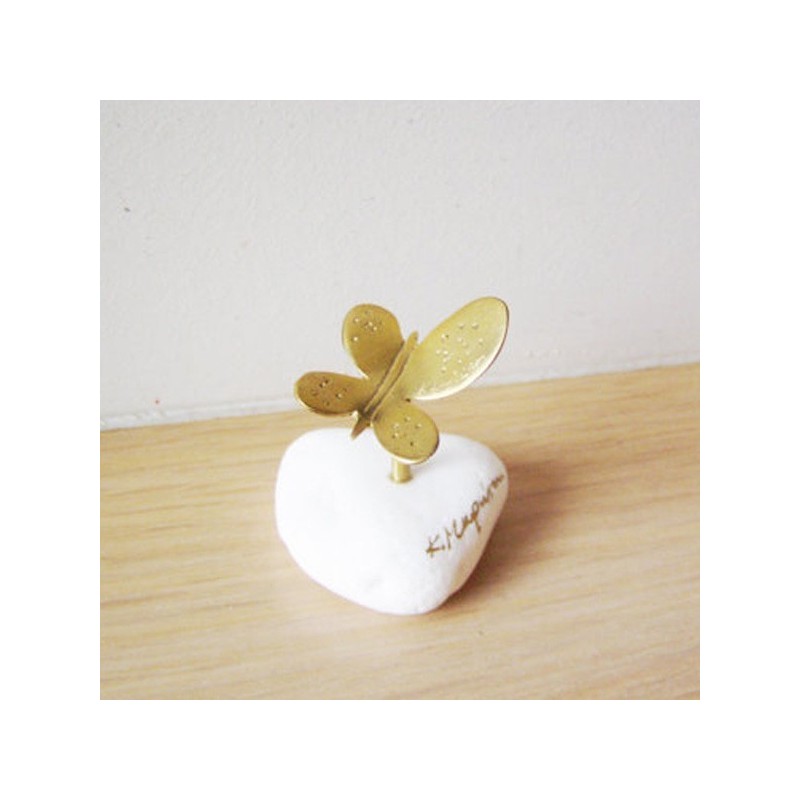 Brass butterfly sculpture, small butterfly, golden sculpture on white stone, butterfly art object, artful butterfly gift