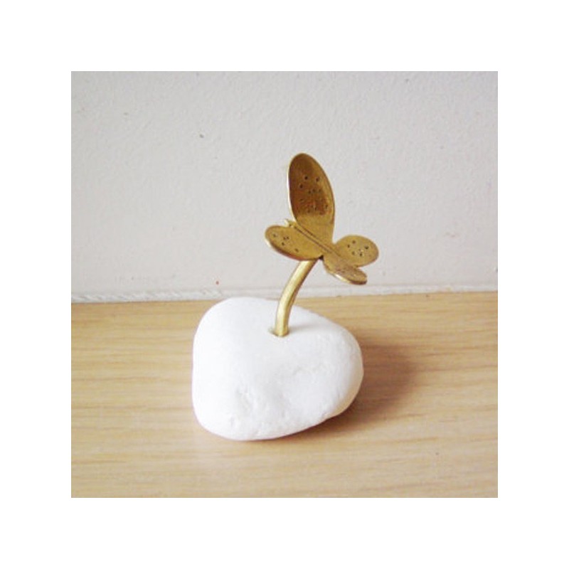 Brass butterfly sculpture, small butterfly, golden sculpture on white stone, butterfly art object, artful butterfly gift