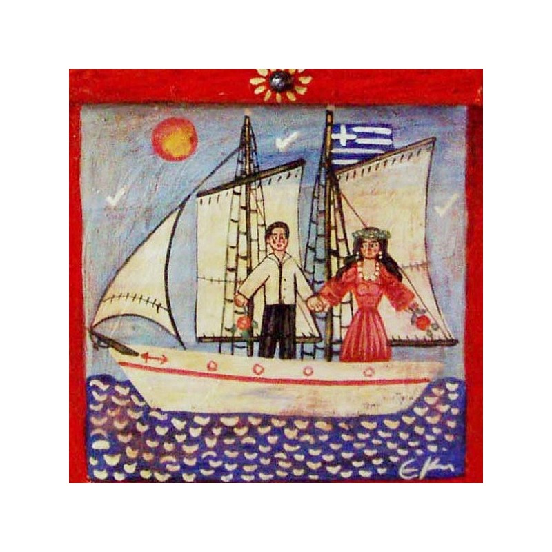 Man woman folk painting, folk painting of a couple on a sailing boat, folk painting on reclaimed wood, Greek folk art