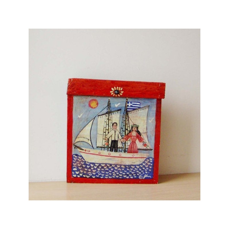 Man woman folk painting, folk painting of a couple on a sailing boat, folk painting on reclaimed wood, Greek folk art