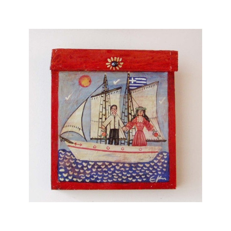 Man woman folk painting, folk painting of a couple on a sailing boat, folk painting on reclaimed wood, Greek folk art