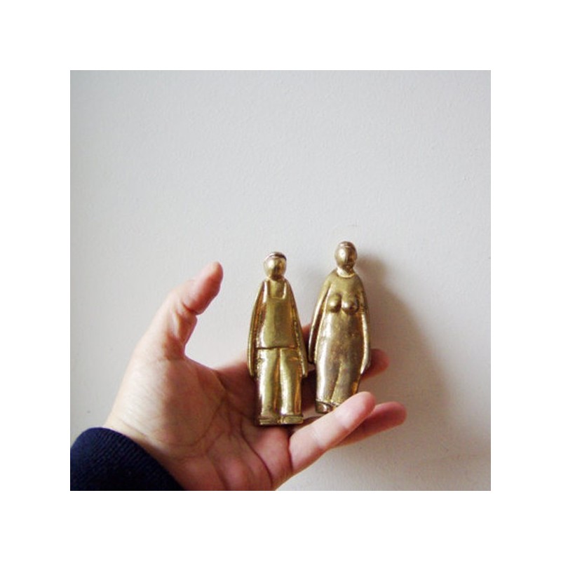 Man woman sculpture, pair of two, solid brass sculptures, slightly abstract, golden couple, Valentines couple