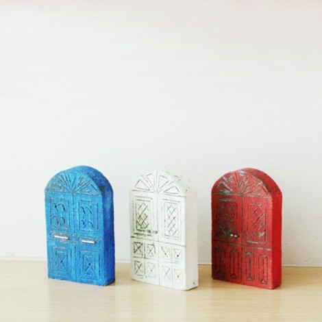 Blue front door sculpture, dark blue Greek gate, domed, stoneware Greek house gate, Greek gate miniature 2