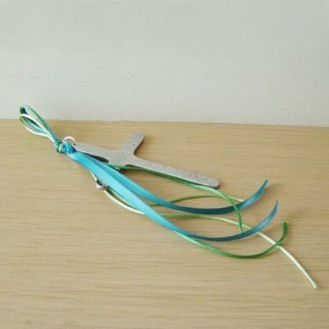Hammered wall cross, modern, aluminum wall cross, silver wall cross with blue eye and blue green ribbon and cords 2