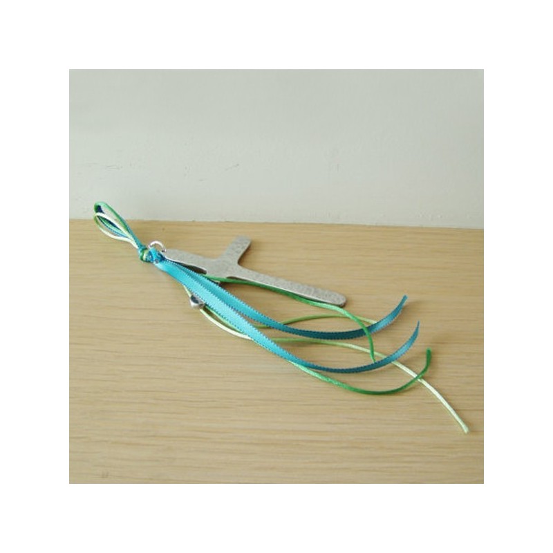Hammered wall cross, modern, aluminum wall cross, silver wall cross with blue eye and blue green ribbon and cords