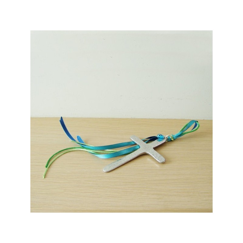 Hammered wall cross, modern, aluminum wall cross, silver wall cross with blue eye and blue green ribbon and cords