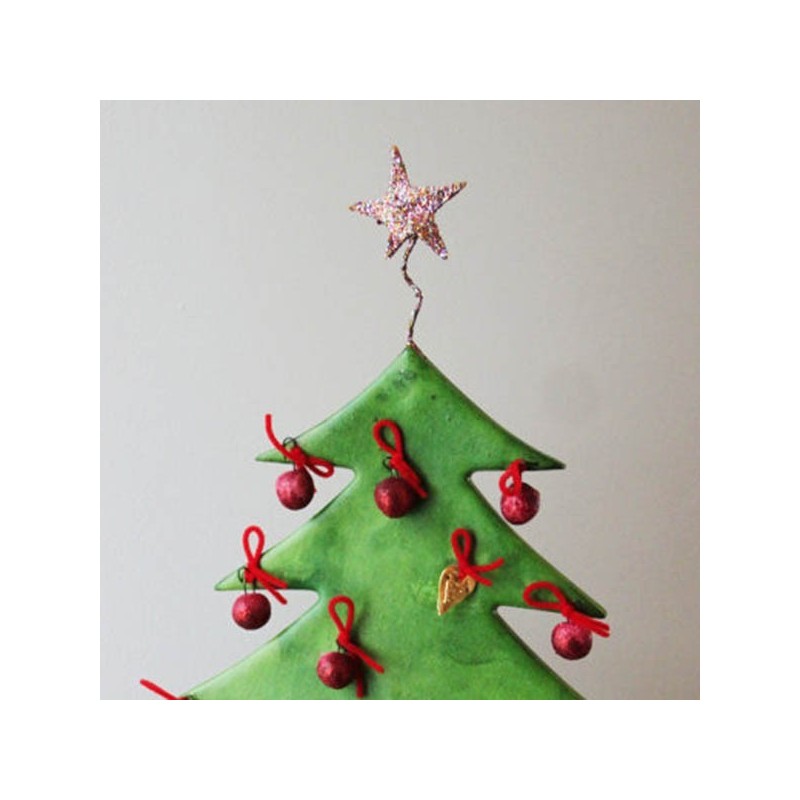 Green Chistmas tree sculpture, Xmas fir tree with red balls and sparkling star on top