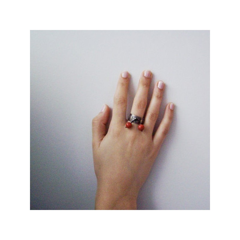 Oxidised silver ring with coral stones, wide silver band with square designs and tassel of coral stones, cocktail ring