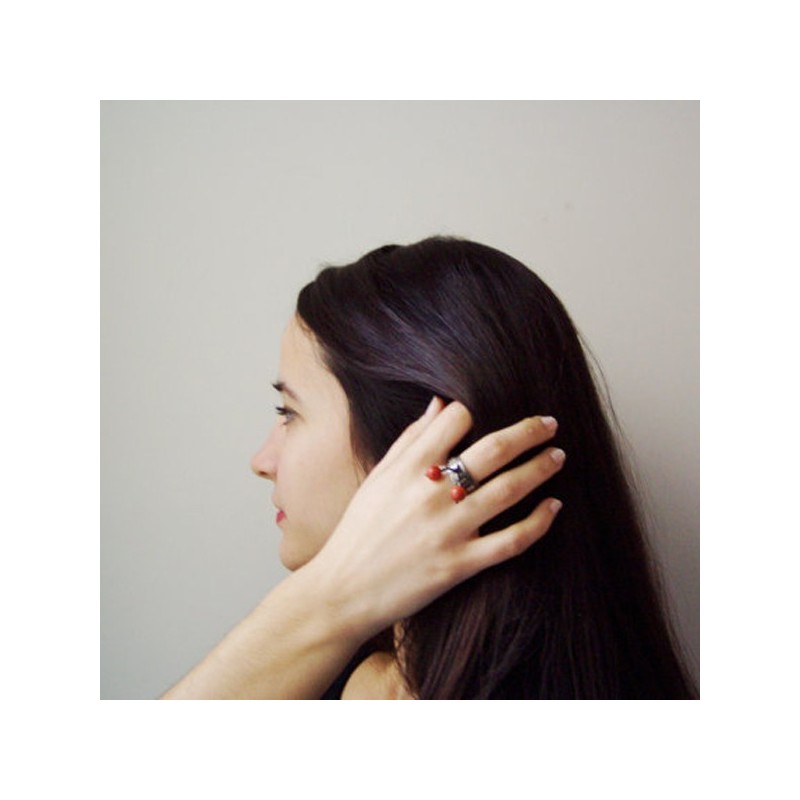 Oxidised silver ring with coral stones, wide silver band with square designs and tassel of coral stones, cocktail ring