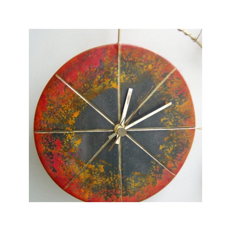 Bicycle wall clock, black and red, retro bicycle clcok with brass handlebar and body, earthenware ceramic clcok