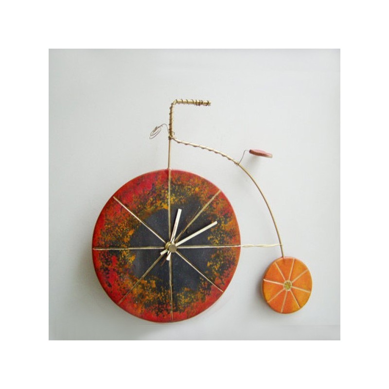 Bicycle wall clock, black and red, retro bicycle clcok with brass handlebar and body, earthenware ceramic clcok