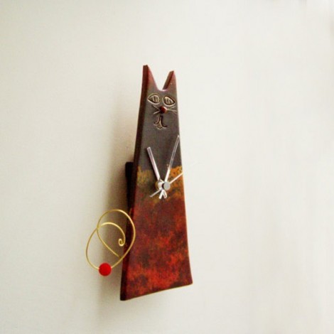 Black cat clock, ceramic wall clock of cat with black head and dark coloured body, sitting cat clock, office decor 2