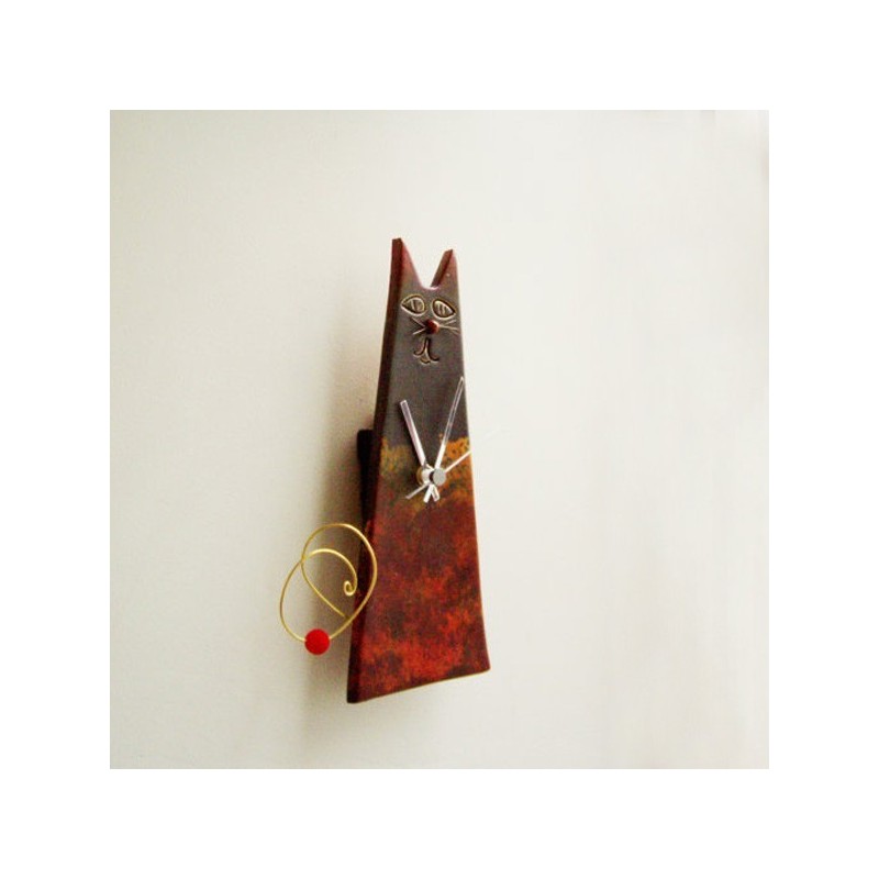 Black cat clock, ceramic wall clock of cat with black head and dark coloured body, sitting cat clock, office decor