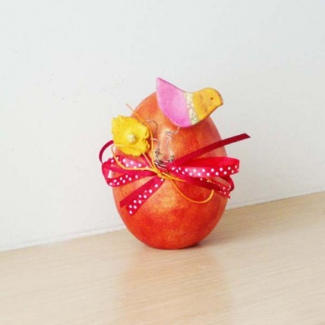 Orange Easter egg sculpture, ceramic Easter egg, red egg decorated with birdies and ribbons, Greek decorative pottery