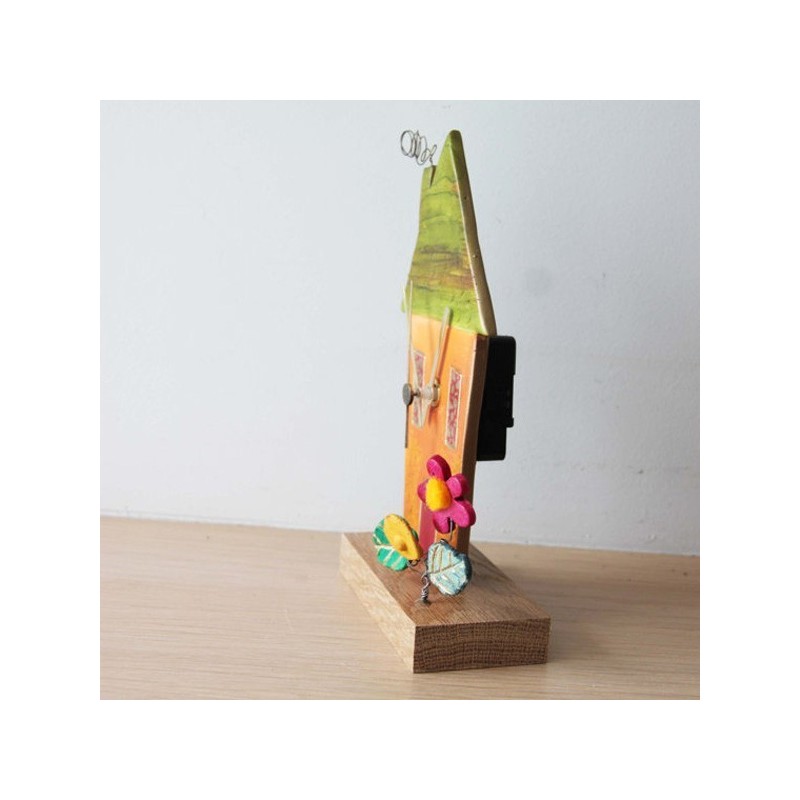 Little house clock, colourful ceramic house clock, house shaped clock on wooden base