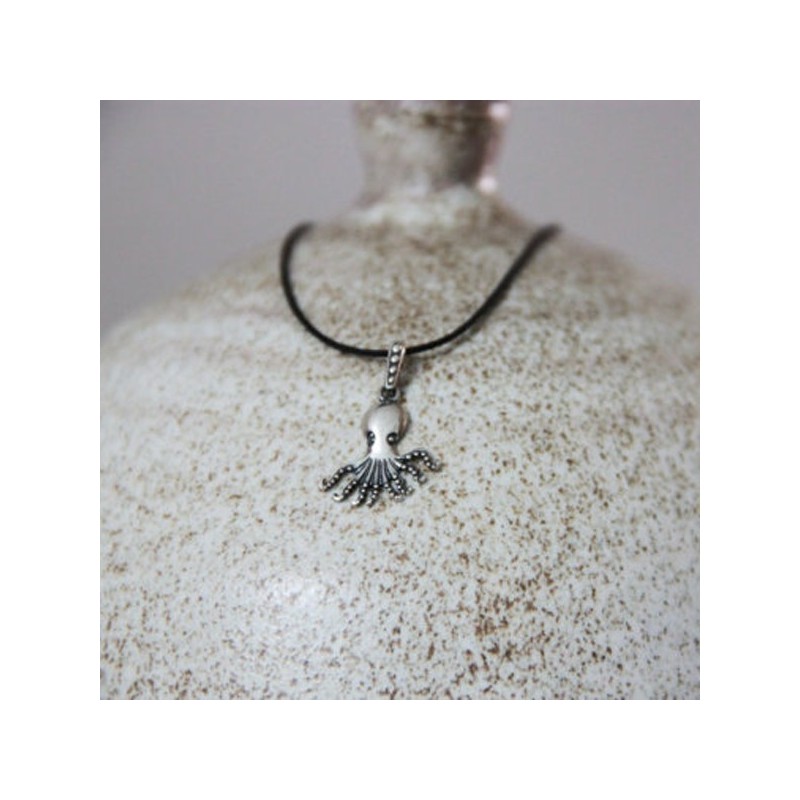 Silver octopus necklace, sterling silver octopus pendant on black cord, Greek octopus necklace, tiny, silver tentacle pendant