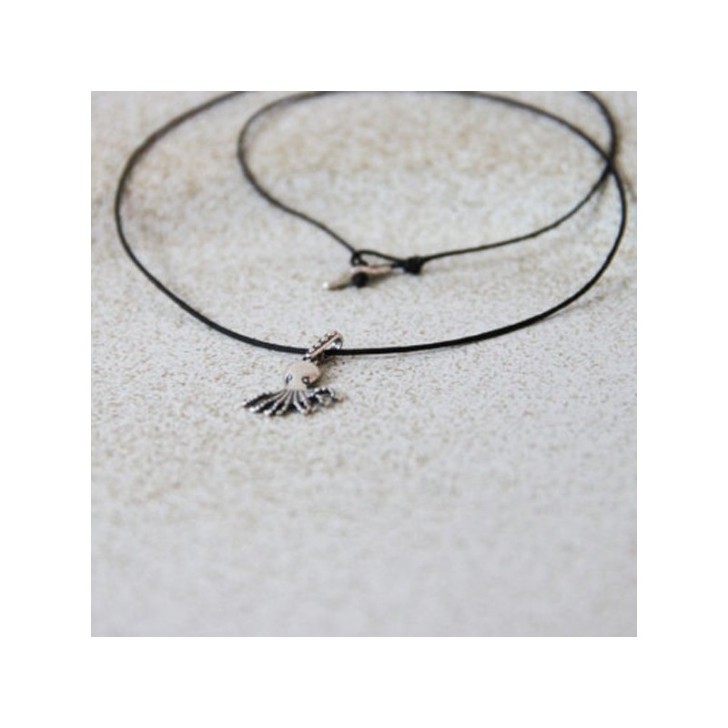 Silver octopus necklace, sterling silver octopus pendant on black cord, Greek octopus necklace, tiny, silver tentacle pendant