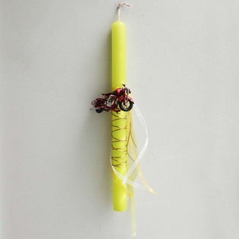 Greek Easter candle with Harley bike, boys' lime green Easter candle with vintage, red motorcycle