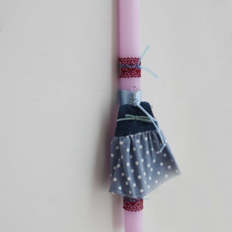 Easter candle with denim dress miniature, pink Greek Easter candle with blue jeans dress on hanger and lace decor 2