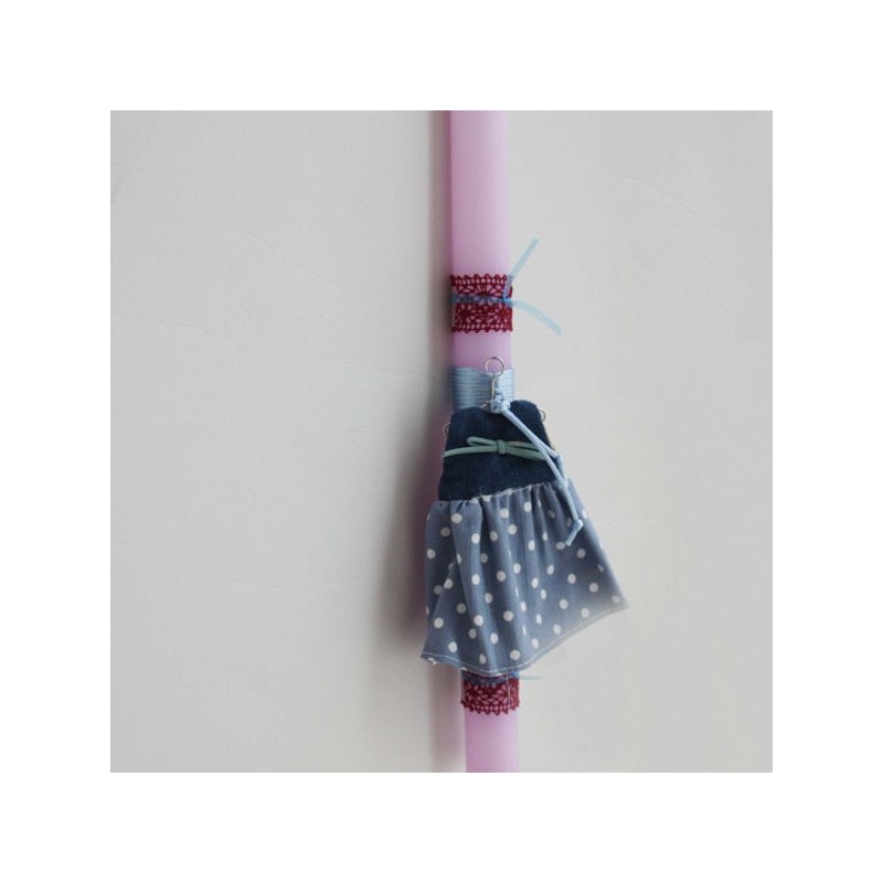 Easter candle with denim dress miniature, pink Greek Easter candle with blue jeans dress on hanger and lace decor