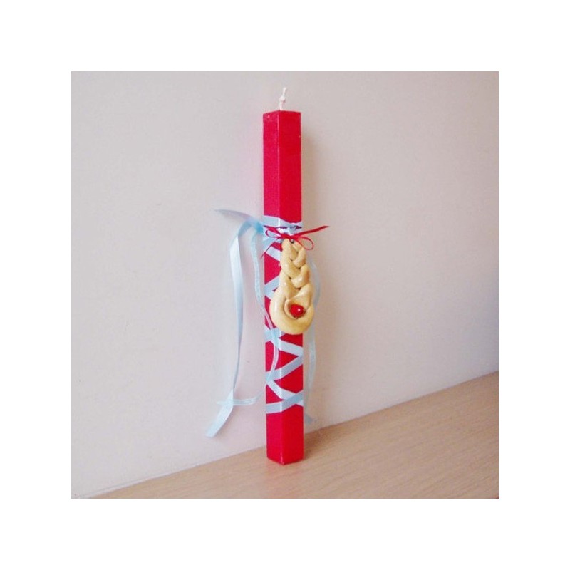 Tsoureki Easter candle, red, Greek Easter candle with traditonal Greek tsoureki, Greek lambada