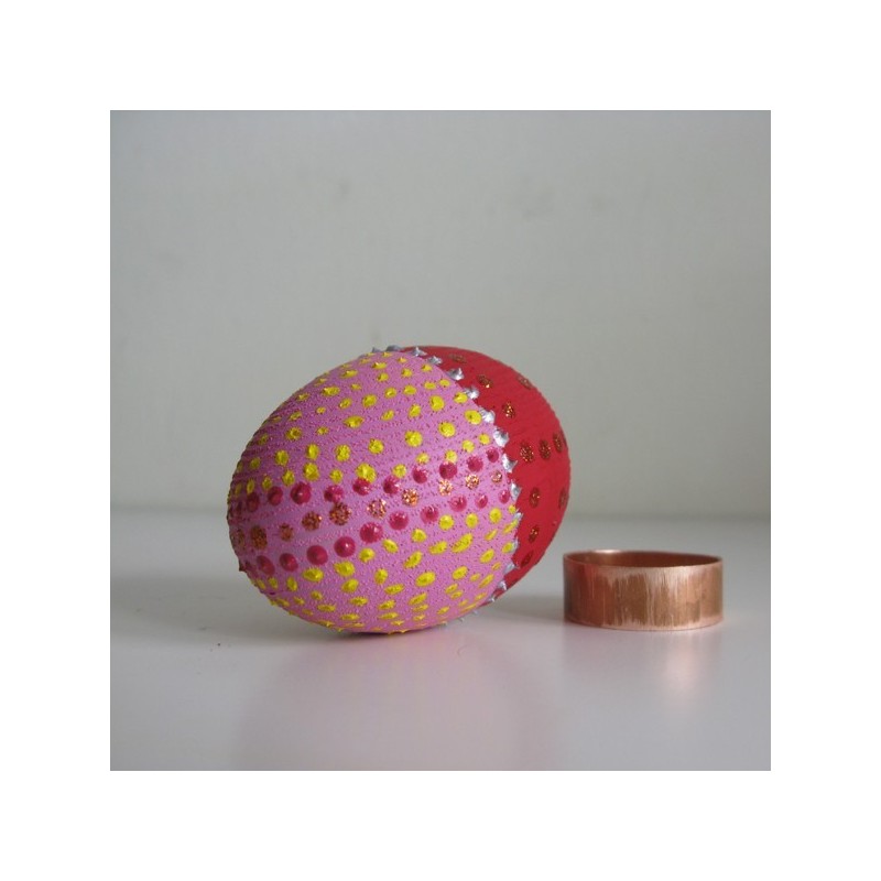 Wooden Easter egg, red-pink easter egg, rustic Easter egg on copper base