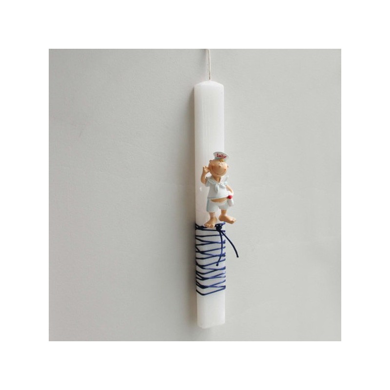 Sailor Easter candle, white boys candle with boy sailor sculpture, baby boy in sailor costume, hat and life jacket