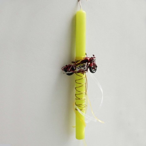 Greek Easter candle with Harley bike, boys' lime green Easter candle with vintage, red motorcycle 2